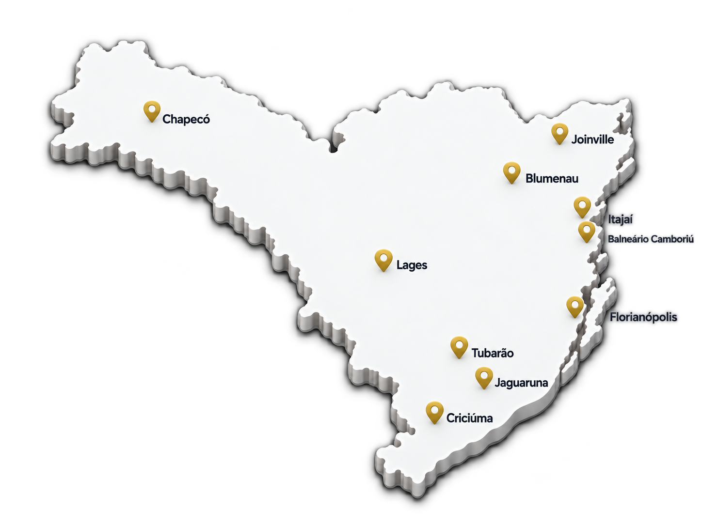 Mapa de Santa Catarina com cidades atendidas, incluindo Criciúma, Jaguaruna, Tubarão, Florianópolis, Itajaí, Balneário Camboriú, Blumenau, Joinville, Lages e Chapecó